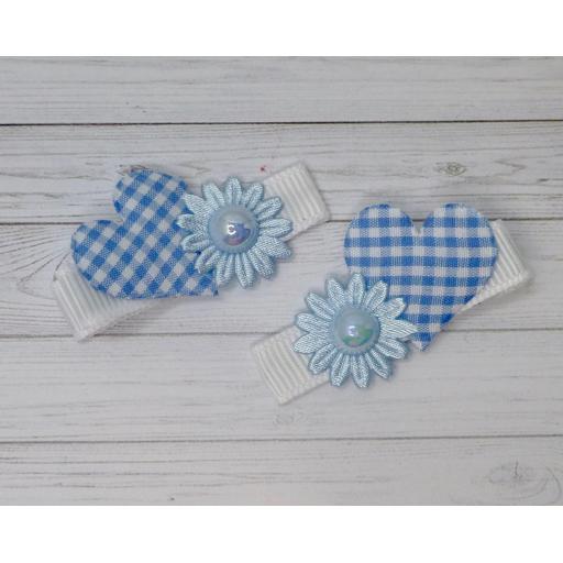 Baby Blue and White Gingham Heart and Flower Itsy Bitsy Baby Bows (pair)