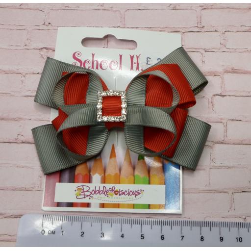 Red and Grey Double Layer Bow with Loops on Clip