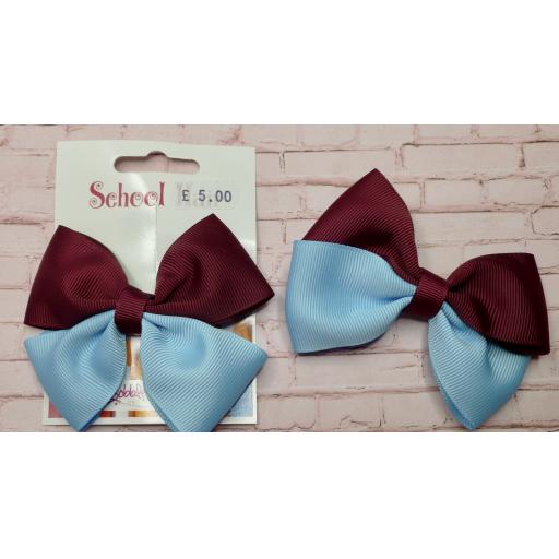 Wine and Light Blue Double Bows on Clips (pair)