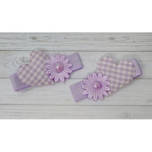 Lilac Gingham Heart and Flower Itsy Bitsy Baby Bows (pair)