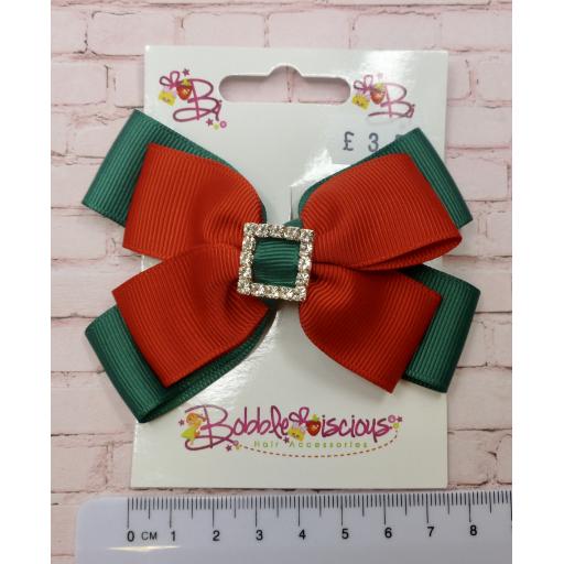 Hunter Green and Red Double Bow with Diamante Buckle