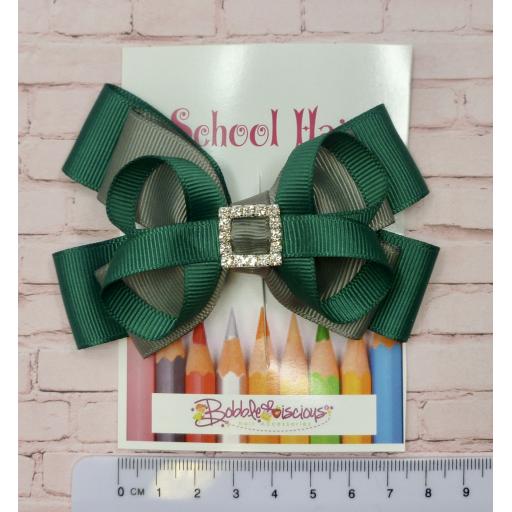Hunter Green and Grey Double Layer Bow with Loops on Clip