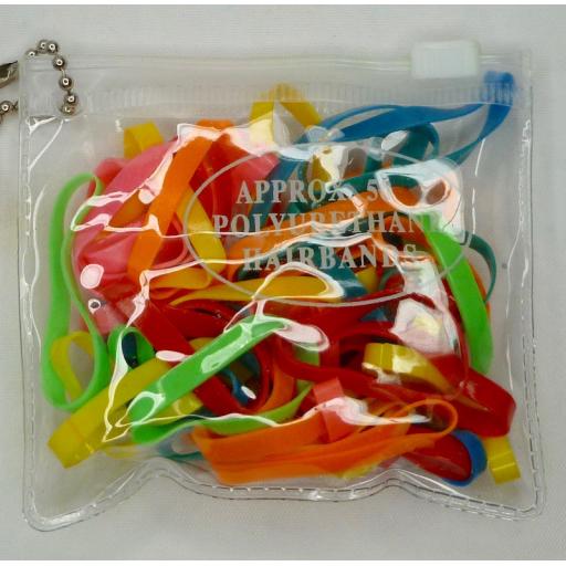 Transparent purse containing 50 bright coloured polyurethane bands. Width 3mm, D