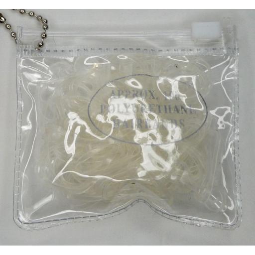 Transparent purse containing 250 small clear polyurethane bands. Width 1mm, Diam