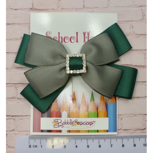 Hunter Green and Grey Double Bow with Diamante clip