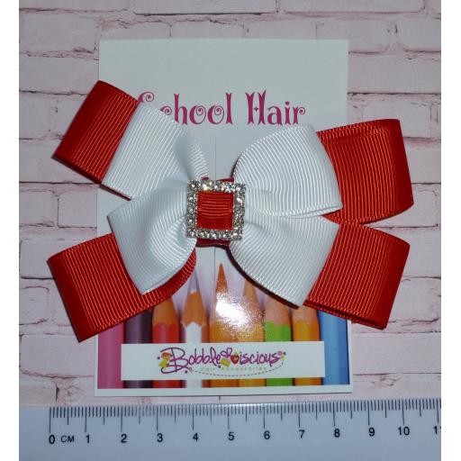 Red and White Double Bow with Diamante Buckle