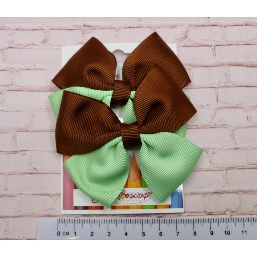 Brown and Mint Double Bows on Clips (pair)