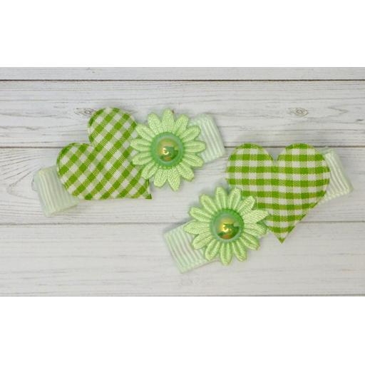 Pastel Green Gingham Heart and Flower Itsy Bitsy Baby Bows (pair)