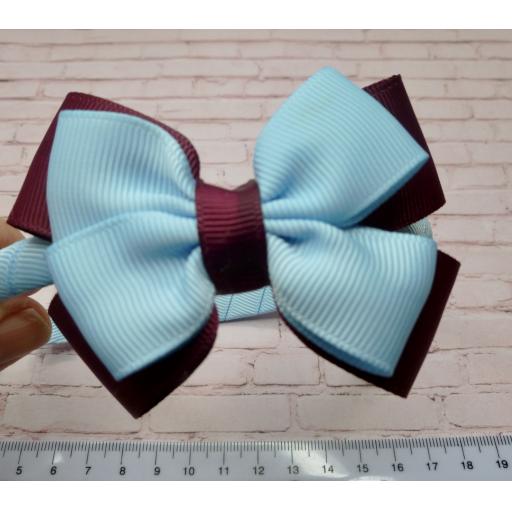 Light Blue and Burgundy/Wine Double Bow on a 1cm Hairband