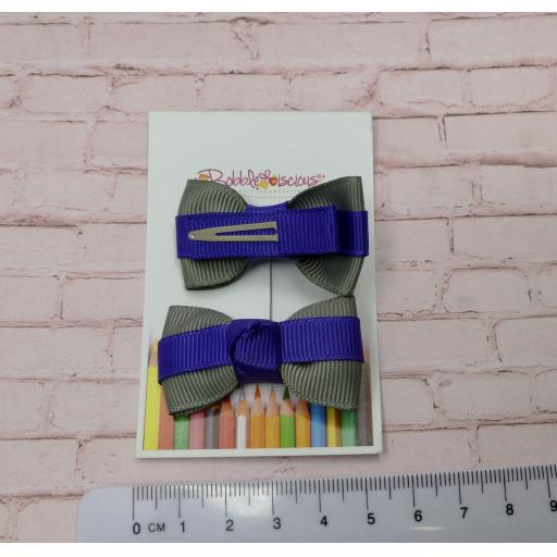 Itty Bitty Purple and Grey Bow on Clips (pair)