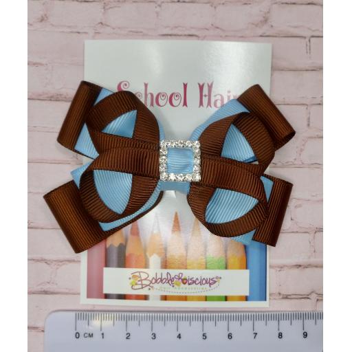 Brown and Light Blue Double Layer Bow with Loops on Clip