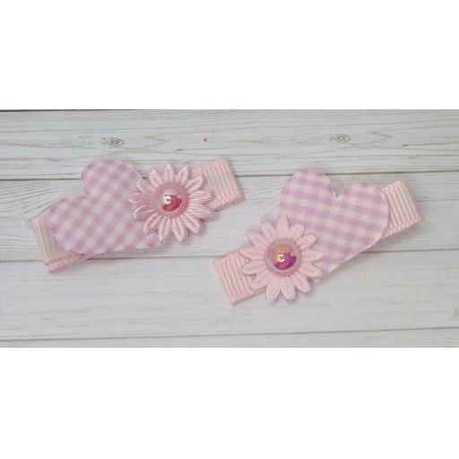 Baby Pink Gingham Heart and Flower Itsy Bitsy Baby Bows (pair)