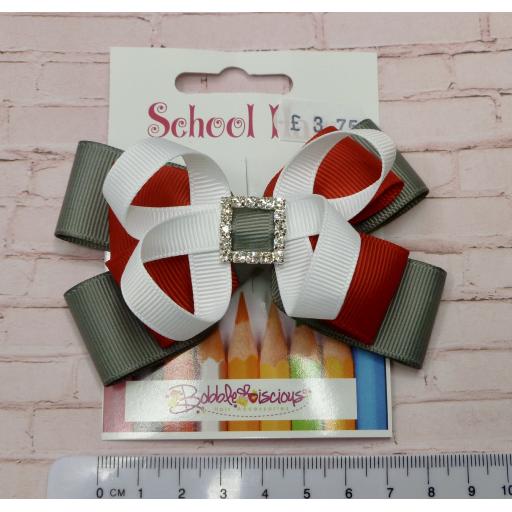 Red, White and Grey Double Layer Bow with Loops on Clip