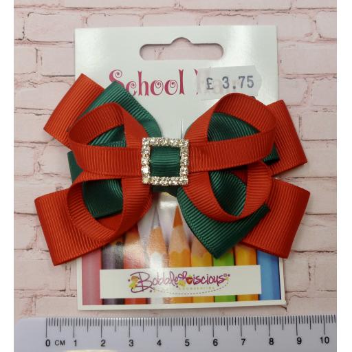 Hunter Green and Red Double Layer Bow with Loops on Clip