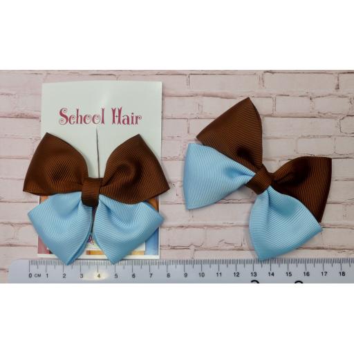 Brown and Light Blue Double Bows on Clips (pair)