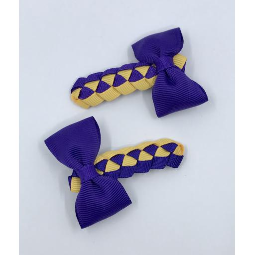 Purple and Yellow Gold Straight Bows on Clips (pair)