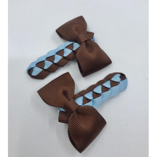 Brown and Light Blue Pleated Clips with Bow on Clips (pair)