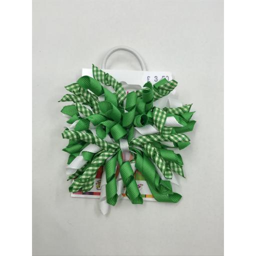 Pair of Green and White Gingham Checked 3 inch Curly Corkers on White Elastics