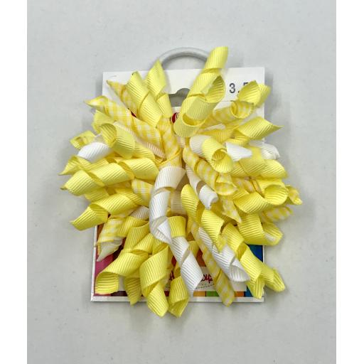 Pair of Yellow and White Gingham Checked 3 inch Curly Corkers on White Elastics