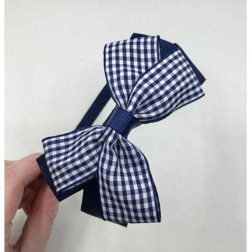 Navy Hairband with Navy and White Gingham Checked/Navy Double Bow
