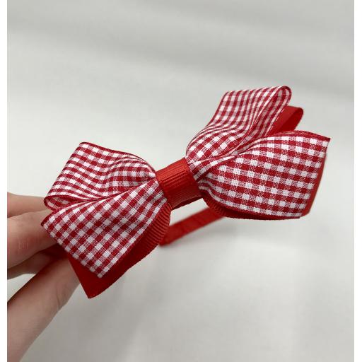 Red Hairband with Red and White Gingham Checked/Red Double Bow