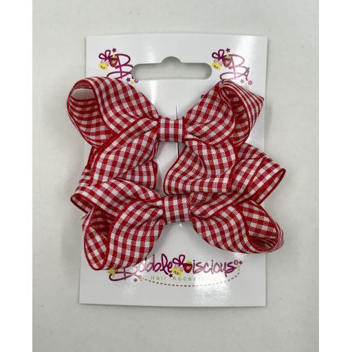 Pair of Red and White Gingham Checked 3 inch Boutique Bows on Clips