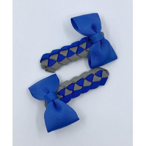Royal Blue and Grey Pleated Clips with Bow on Clips (pair)