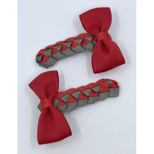 Red and Grey Pleated Clips with Bow on Clips (pair)