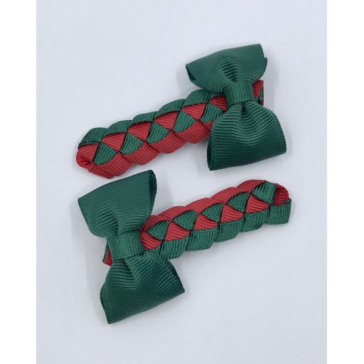 Hunter Green and Red Pleated Clips with Bow on Clips (pair)