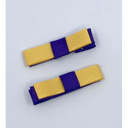 Small Straight Purple and Yellow Gold Bow on Clips (pair)