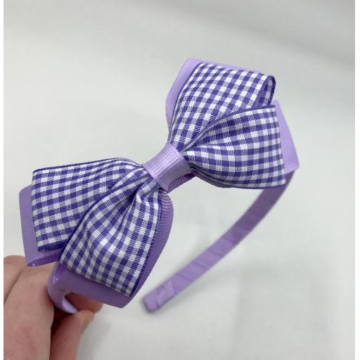 Lilac Hairband with Lilac and White Gingham Checked/Lilac Double Bow