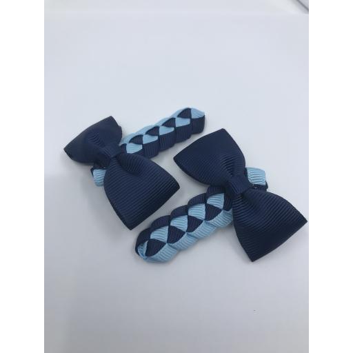 Navy Blue and Light Blue Pleated Clips with Bow on Clips (pair)