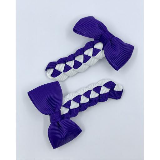 Purple and White Pleated Clips with Bow on Clips (pair)