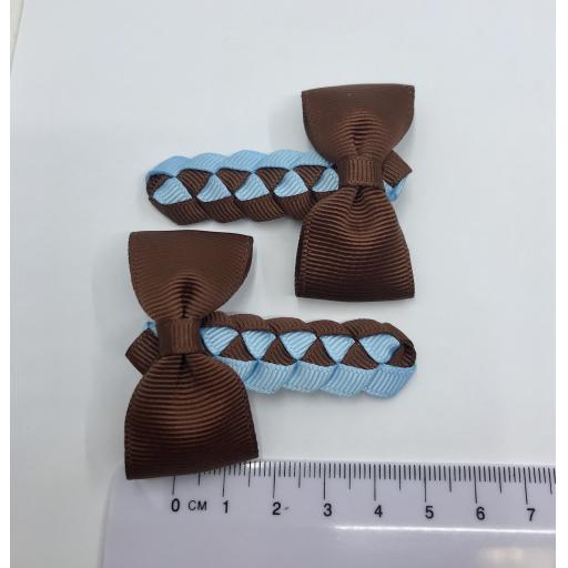 Brown and Light Blue Pleated Clips with Bow on Clips (pair)