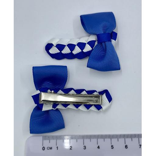 Royal Blue and White Pleated Clips with Bow on Clips (pair)