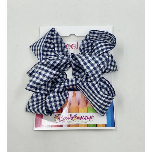 Pair of Navy and White Gingham Checked 3 inch Boutique Bows on Clips