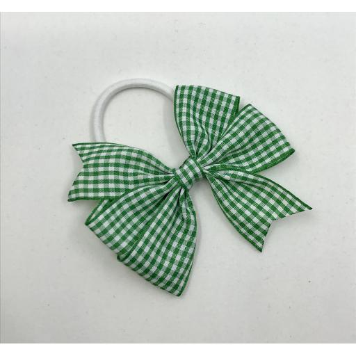 Green and White Gingham Checked 3 inch Pinwheel Bow on White Elastic