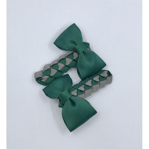 Hunter Green and Grey Pleated Clips with Bow on Clips (pair)