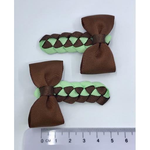 Brown and Mint Pleated Clips with Bow on Clips (pair)