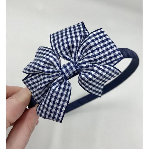 Navy Hairband with Navy and White Gingham Checked 3 inch Pinwheel Bow
