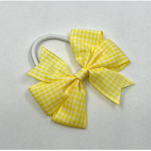 Yellow and White Gingham Checked 3 inch Pinwheel Bow on Elastic