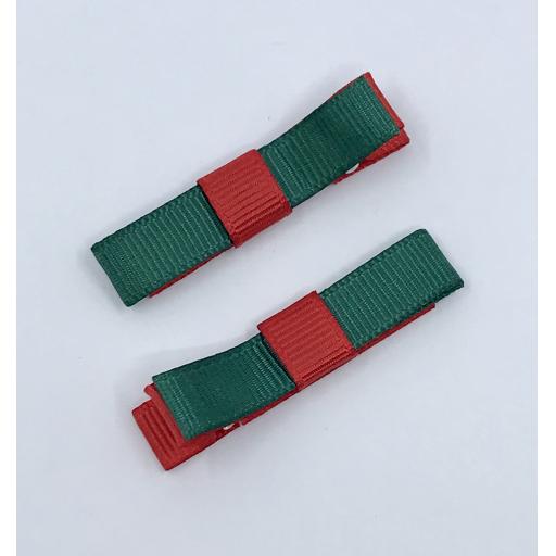 Small Straight Hunter Green and Red Bow on Clips (pair)