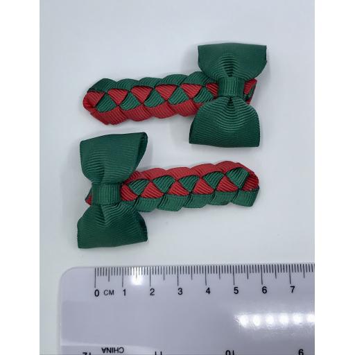 Hunter Green and Red Pleated Clips with Bow on Clips (pair)