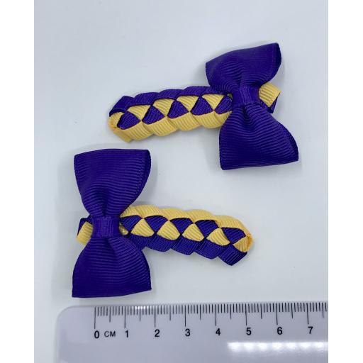 Purple and Yellow Gold Pleated Clips with Bow on Clips (pair)