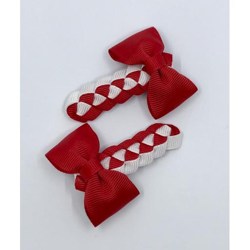 Red and White Pleated Clips with Bow on Clips (pair)
