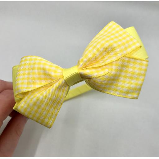 Yellow/Lemon Hairband with Yellow and White Gingham Checked/Yellow Double Bow