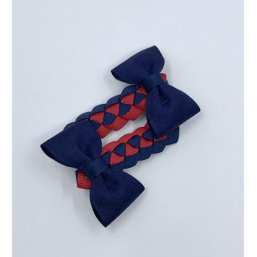 Navy Blue and Red Pleated Clips with Bow on Clips (pair)