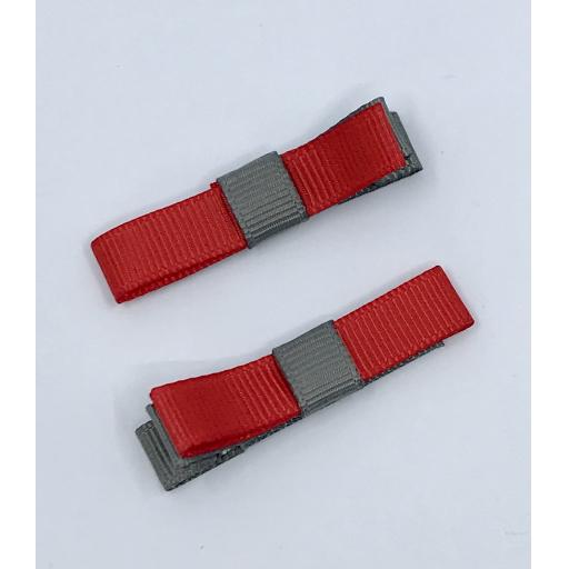 Small Straight Red and Grey Bow on Clips (pair)