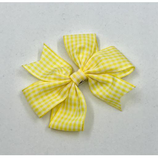 Yellow and White Gingham Checked 3 inch Pinwheel Bow on Clip
