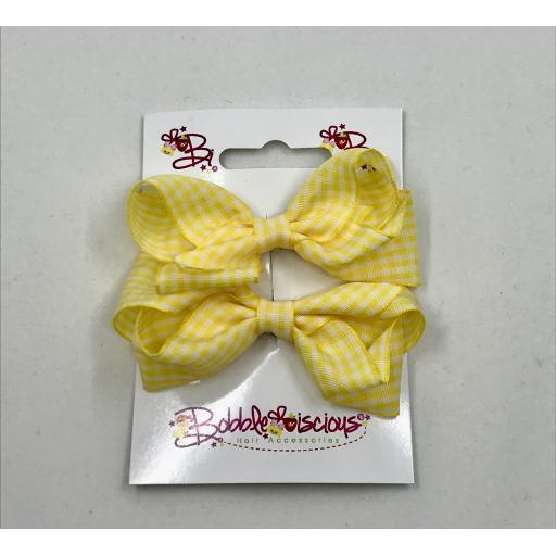 Pair of Yellow and White Gingham Checked 3 inch Boutique Bows on Clips